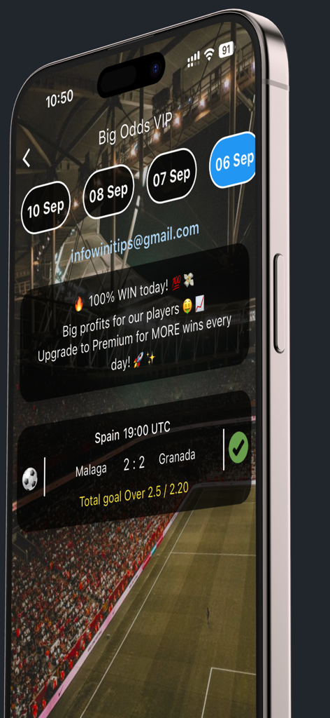 WiniTips:Bet Tips & Prediction - WiniTips mobile app screen showing Big Odds VIP soccer predictions and match results