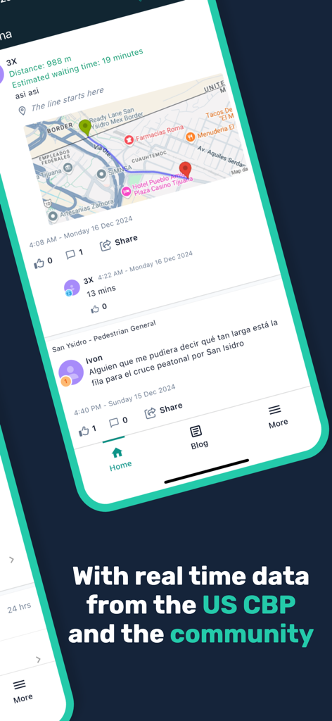 Bordify app interface showing real-time border wait times map and community reports