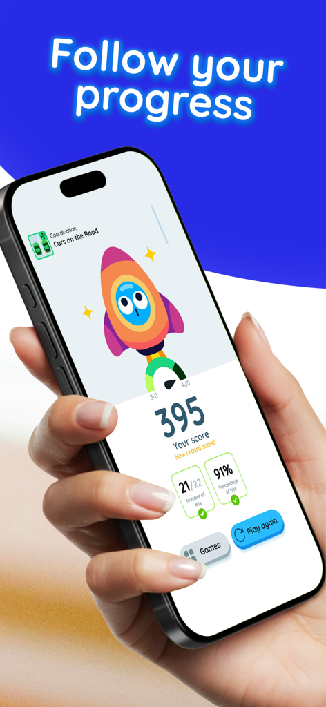 Focus - Brain Training Games - A person holding a phone showing cognitive game progress and scores for brain training exercises