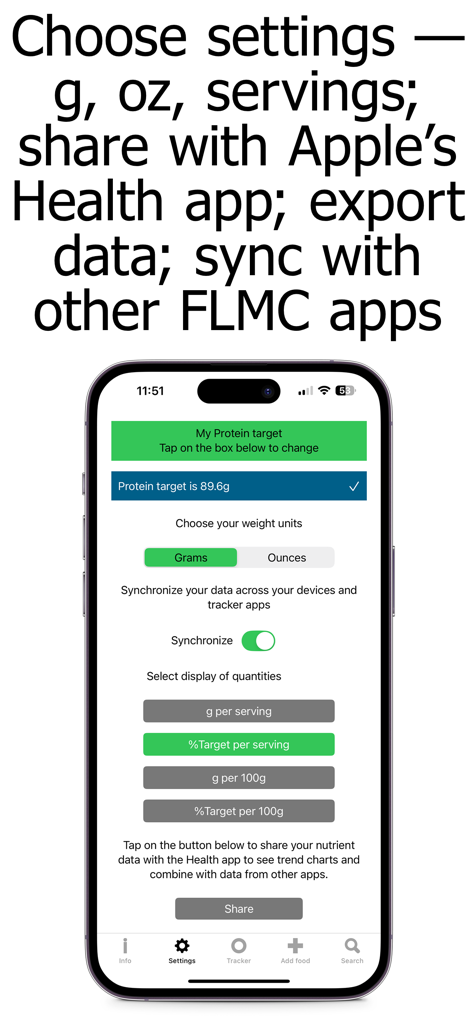 Protein Counter and Tracker - Einstellungen-Bildschirm der Protein-Zähler und Tracker App, der Proteinbedarf, Gewichtseinheiten und Apple Health-Synchronisierungsoptionen anzeigt