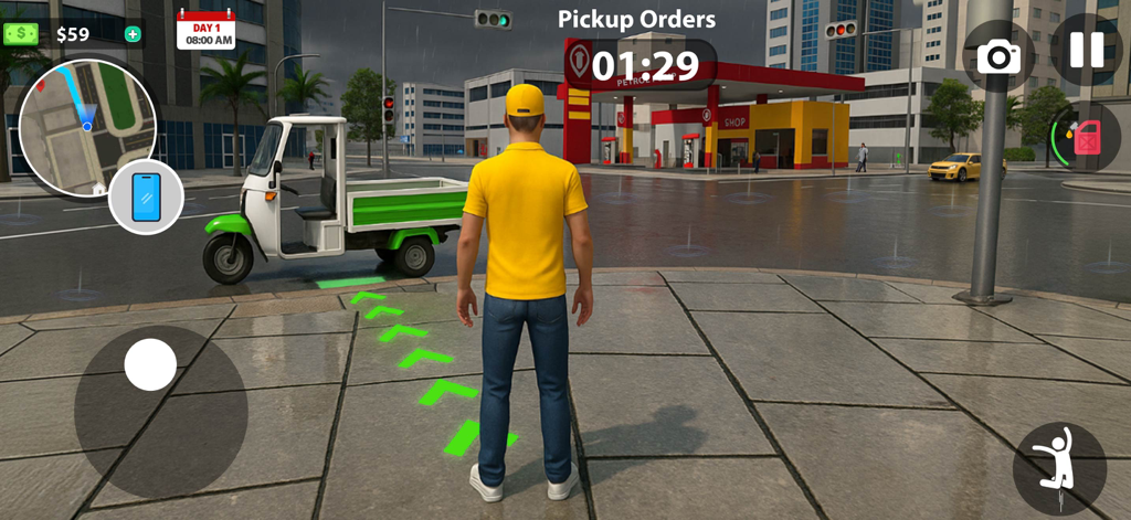 Courier Delivery Simulator - A delivery man in a yellow shirt standing by a scooter on a rainy city street