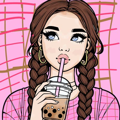 realistic girl with braided hair drinking boba