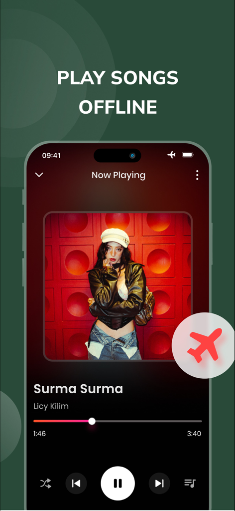 Wakee app interface showing offline music playback with a now playing screen and airplane mode icon.