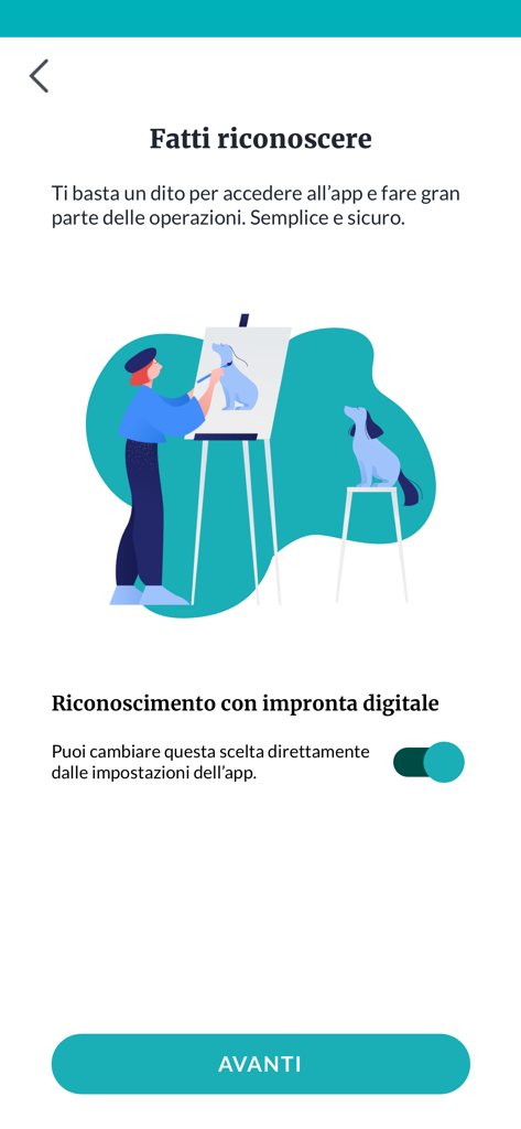 Schermata di onboarding dell'app Agos per impostare l'accesso tramite riconoscimento dell'impronta digitale