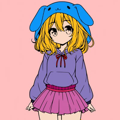 pretty anime girl wearing a fluffy hoodie with bunny ears on the hood and a skirt