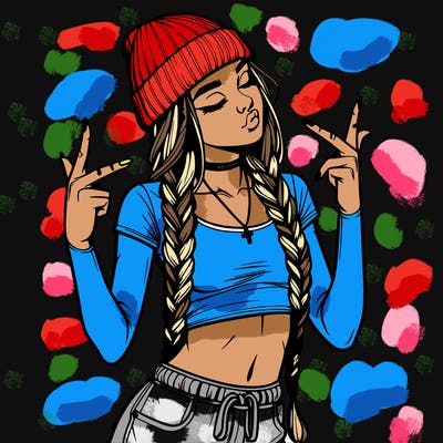 realistic teenage girl with braids and a beanie and crop top doing 🫶🏼