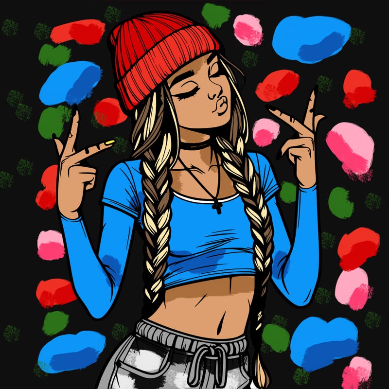 realistic teenage girl with braids and a beanie and crop top doing 🫶🏼