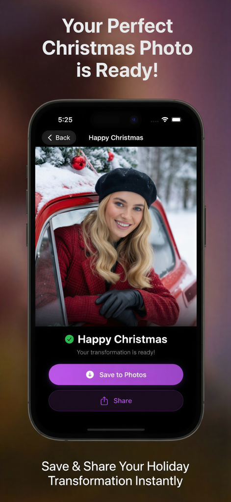 Toon App: Cartoon Photo Editor - Interfaz de Toon App mostrando una transformación fotográfica navideña con IA completada con opciones para guardar y compartir.