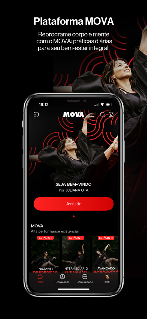 Plataforma MOVA - Schermata principale dell'app Plataforma MOVA che mostra i livelli di allenamento e contenuti video basati sul movimento.