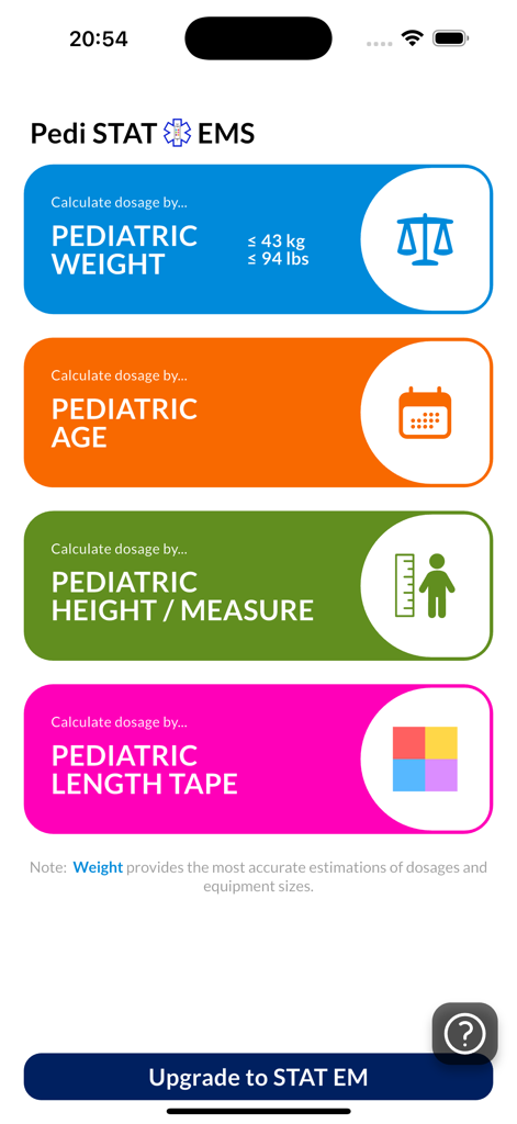 Pedi STAT EMS - Pedi STAT EMSアプリのメイン画面。体重、年齢、身長、長さテープで小児の薬用量を計算するためのカラフルなボタンが表示されます。