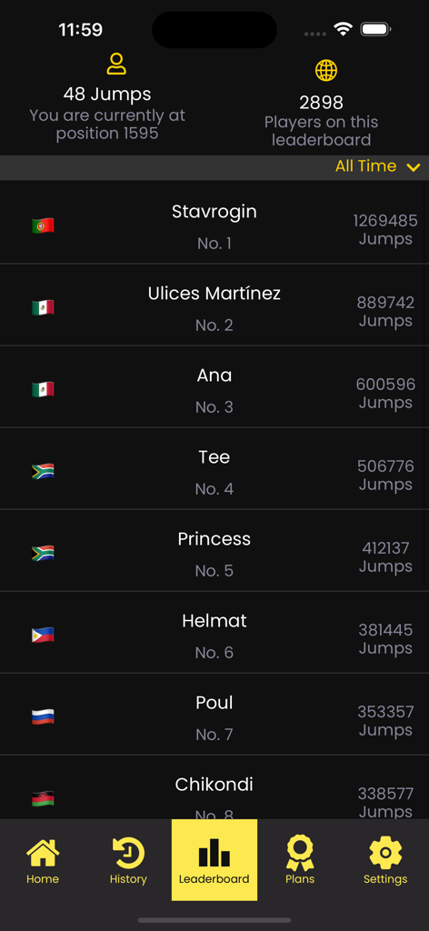 A global leaderboard screen showing jump rope rankings and total jumps per player