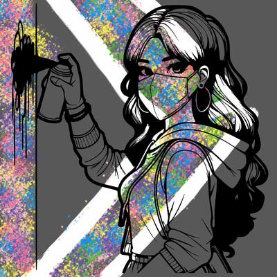 realistic girl with mask spray painting a wall