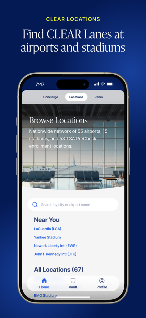 CLEAR App-Oberfläche mit einer Liste von Flughafen- und Stadionstandorten für schnelleren Einlass