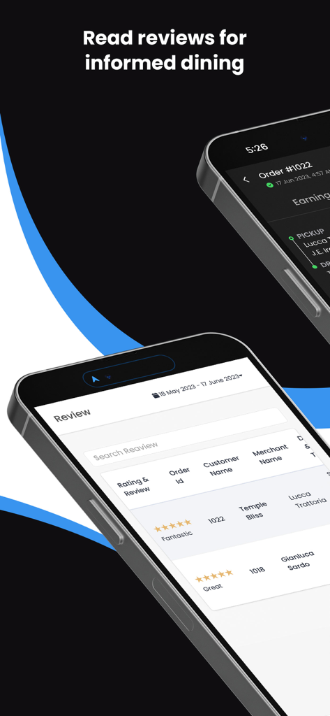 Aruba To You - Food Delivery - Mobile app interface showing customer reviews and star ratings for restaurants on the Aruba To You delivery platform.