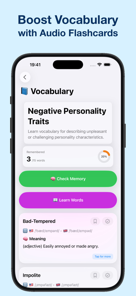 Learn English - Grammar, Vocab - 英語の語彙学習インターフェース。性格特性のオーディオフラッシュカードと進捗トラッカーが表示されています。
