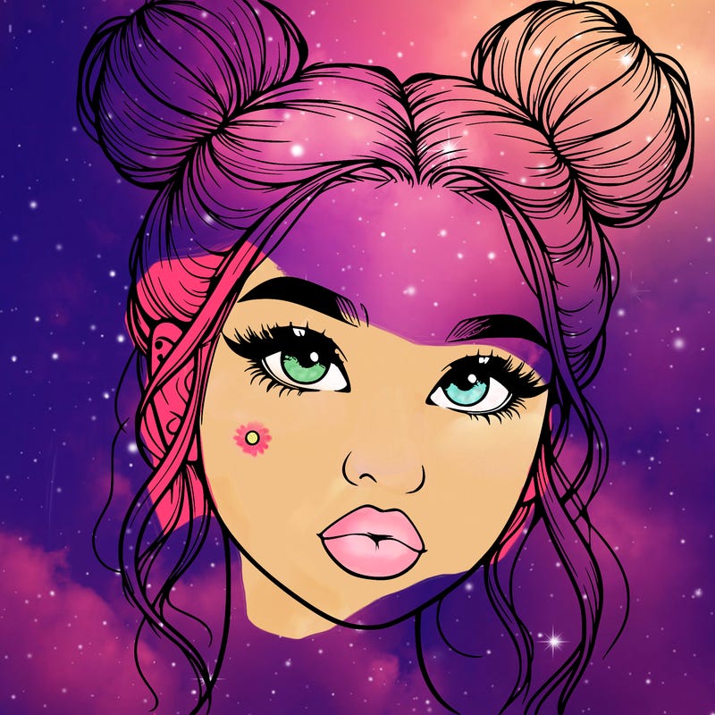 realistic girl with two buns on her hair and lips