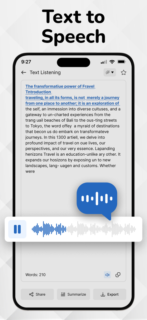 The text to speech feature of the Handwriting to Text Converter app showing a voice output player