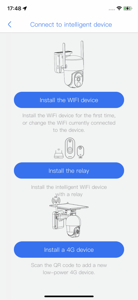 Xega - Xega app interface with options to connect WiFi or 4G solar security devices