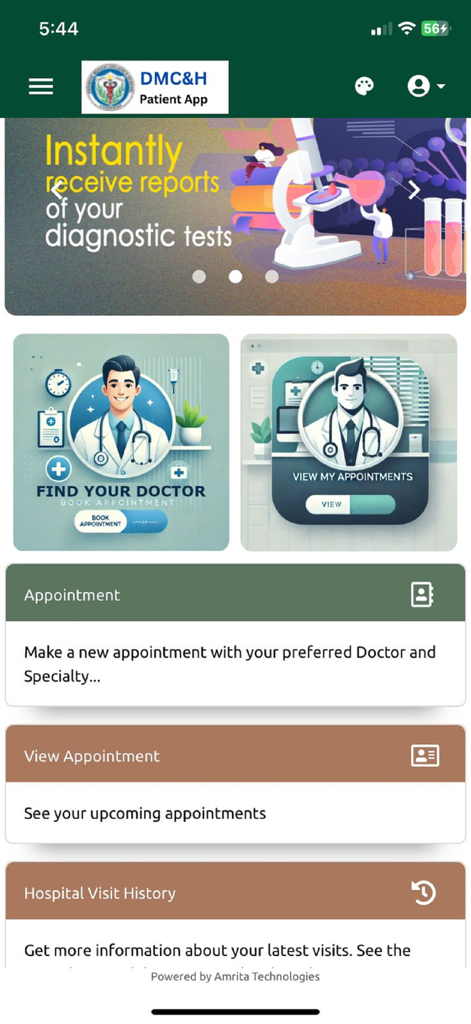 Dashboard dell'app Patient Portal dell'Ospedale DMC con prenotazione di appuntamenti e accesso ai referti diagnostici.