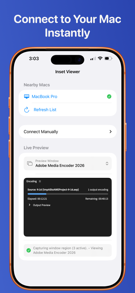 Inset Viewer app on iPhone showing a live preview of a MacBook Pro screen area