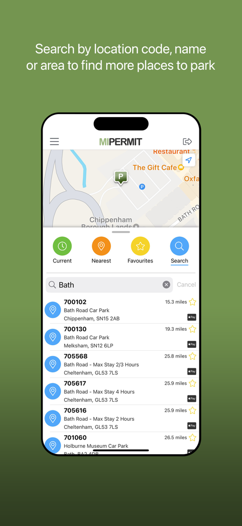 MiPermit - MiPermitアプリ検索画面。場所コードと距離を含む、バースの駐車場のリストを表示します。