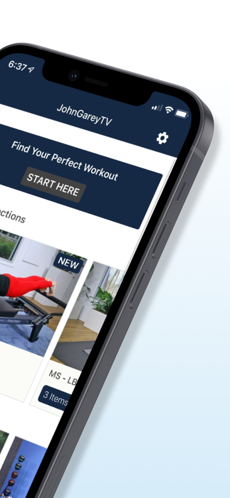Pilates & Fitness TV - Smartphone screen showing the Pilates and Fitness TV app home page with a Pilates reformer workout collection