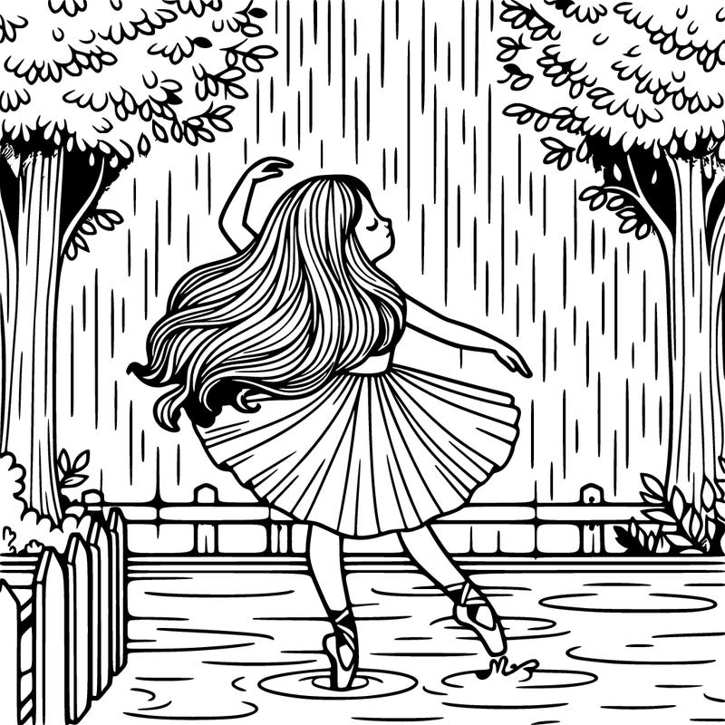 girl doing ballet in the rain with realistic hair and trees