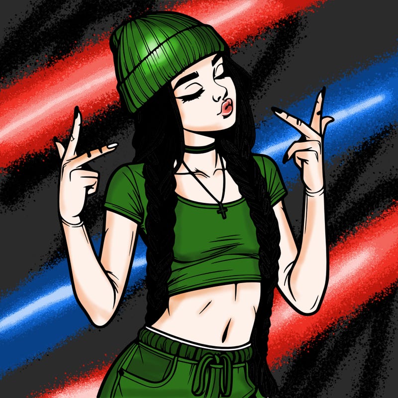 realistic teenage girl with braids and a beanie and crop top doing 🫶🏼