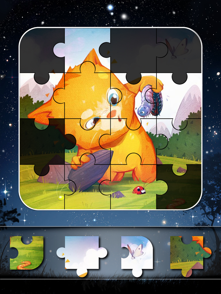 Talking Ginger para iPad mini-jogo mostrando um quebra-cabeça do gatinho laranja em um jardim.