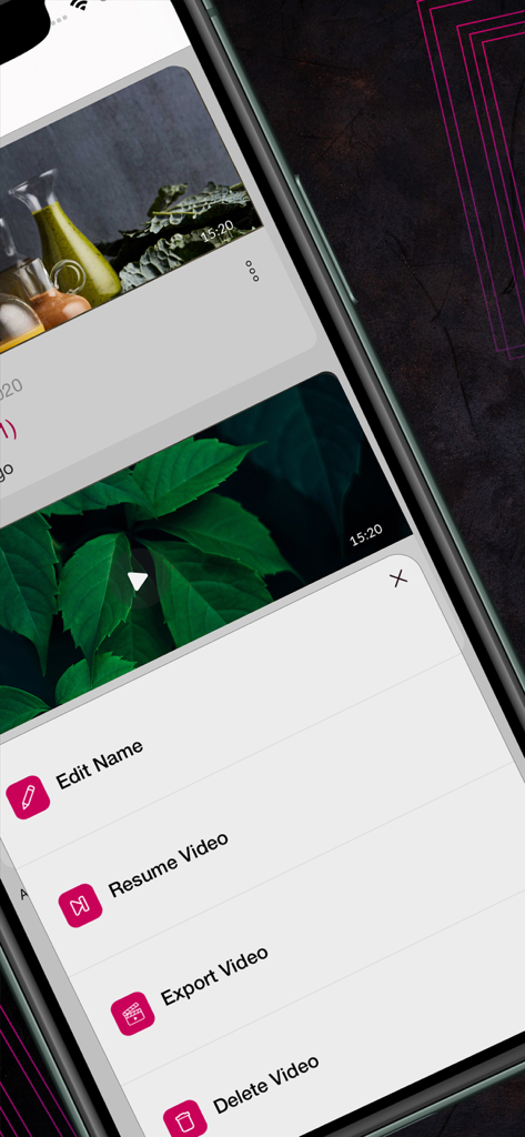 Menüoptionen für Videoentwürfe in der Nonstop Cam App, einschließlich Fortsetzen und Exportieren