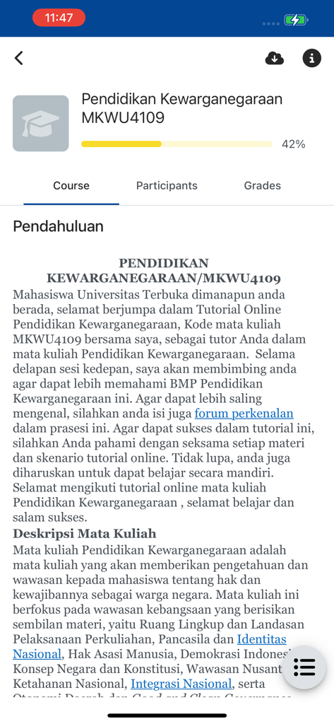 TUTON - Mobile screen of the TUTON app showing a course introduction for Civics Education at Universitas Terbuka