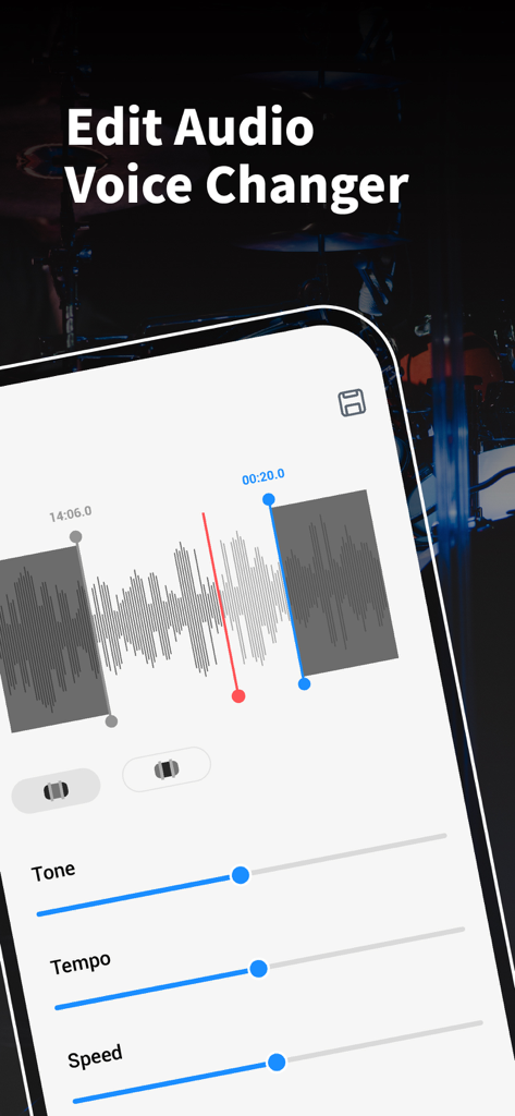 Voice Recorder + Voice Memos - Interfaz de la aplicación Grabadora de Voz mostrando edición de forma de onda de audio y controles deslizantes de cambio de voz para tono, tempo y velocidad.