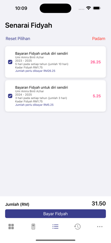 eFidyah - A mobile screen showing a summary list of fidyah payments for different years with a total amount and a pay button