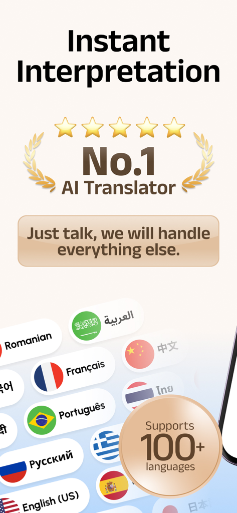 Owll Translator app promotional screen highlighting its status as the top AI translator with instant interpretation for over 100 languages