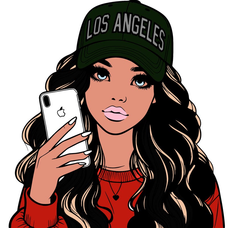 realistic beautiful girl wearing los ángeles cap holding an iphone