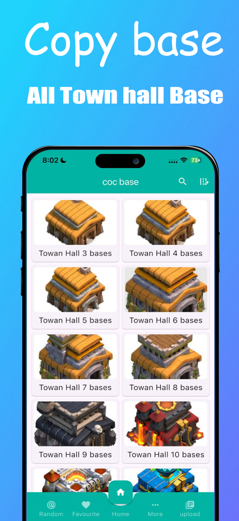 Maps Base For Clash of Clans - Interfaz de la aplicación móvil que muestra diferentes diseños de bases de Ayuntamiento para Clash of Clans