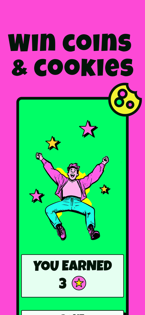 Guess the Drawing: Pictionary - A vibrant screen from Guess the Drawing showing a celebrating character with the text Win Coins and Cookies and a notification of earned rewards.