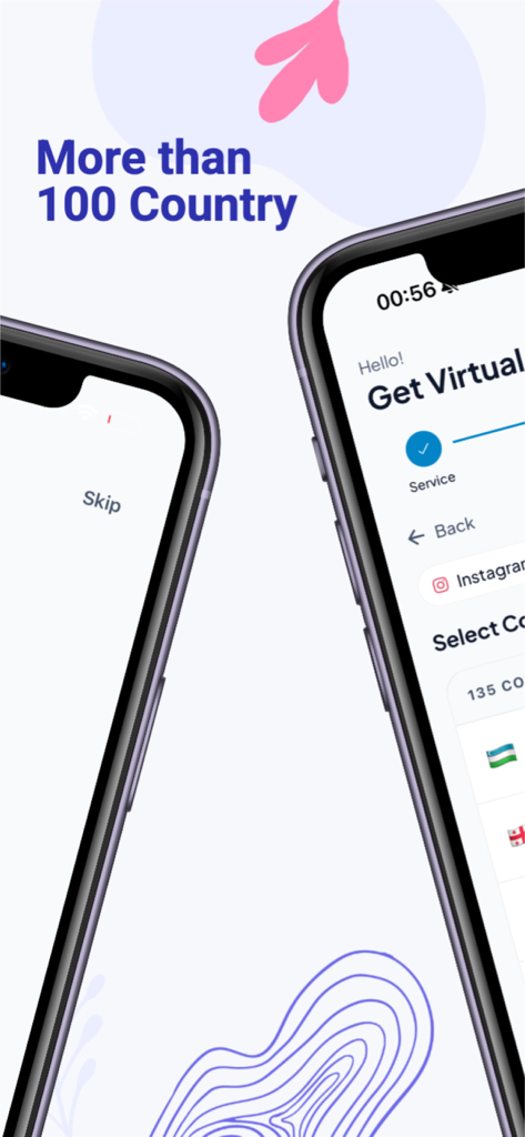 Tela de aplicativo móvel mostrando opções de números de telefone virtuais de mais de cem países para verificação privada de SMS