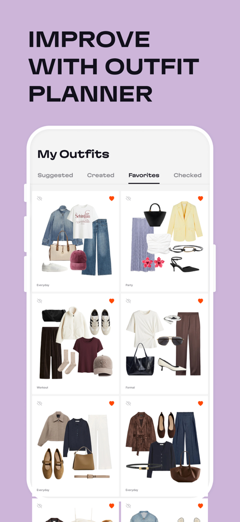 Outfit Maker & Planner: Stylix - Stylix App-Oberfläche, die ein Raster von Lieblings-Outfit-Flat-Lays zeigt, organisiert nach Anlass wie Alltag, Party und Training