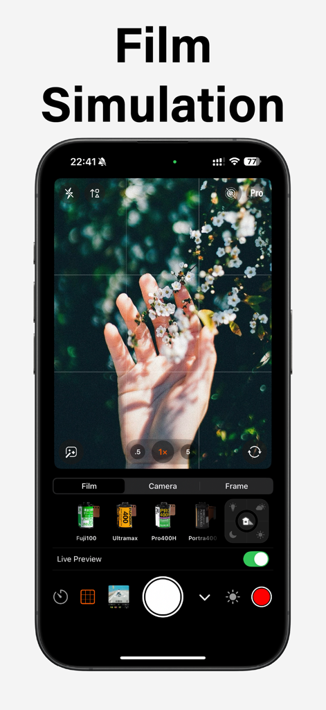 Smartphone screen showing Vibe Cam app with various film simulation presets like Fuji100 and Portra400 for a vintage photography look.