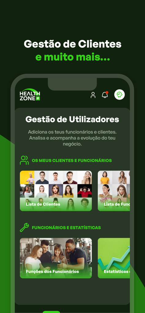 Health Zone-e app interface for fitness professionals showing client management and business statistics dashboards