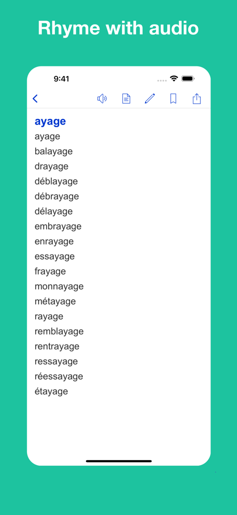 French Rhyme Dictionary - Una pantalla de la aplicación móvil que muestra una lista de palabras francesas que riman con 'ayage', incluyendo iconos de audio y marcadores.