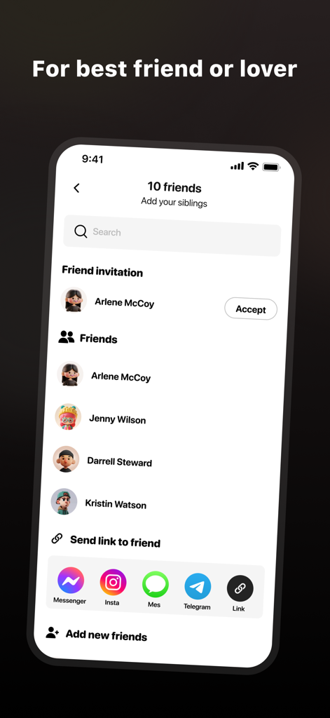 Capture d'écran de la liste d'amis et de l'écran d'invitation de l'application Camera Go montrant les options pour ajouter des amis et partager des liens via les réseaux sociaux
