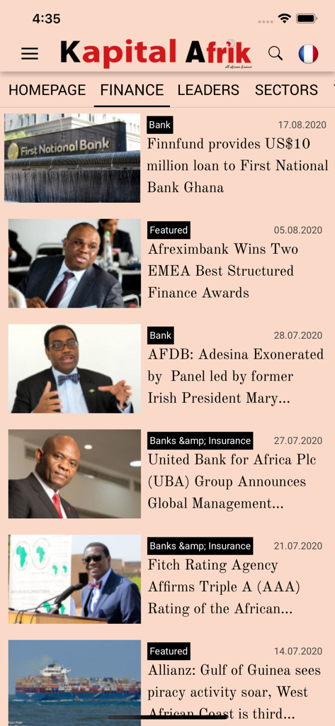 Financial Afrik - The finance tab of the Financial Afrik mobile app showing various articles about banking and economic news in Africa.