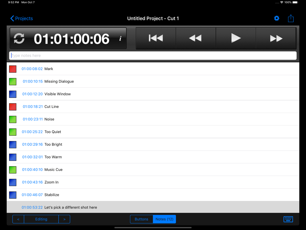 Cut Notes - Interface of the Cut Notes app on an iPad showing a list of time-stamped video editing notes and transport controls.