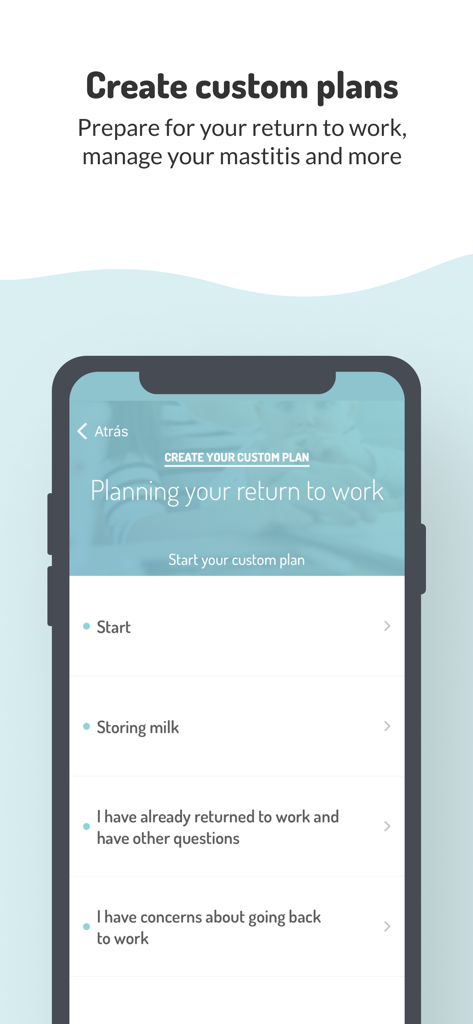 LactApp mobile interface showing a personalized plan for returning to work while breastfeeding
