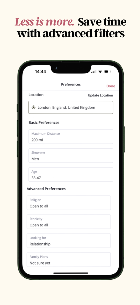 Reddi: The Matchmaking App - Una pantalla móvil mostrando los filtros avanzados de la app de citas Reddi para ubicación, edad y preferencias de relación