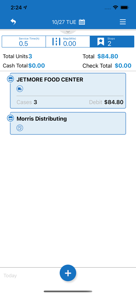 Encompass Mobile App dashboard showing a daily delivery route summary with stop details and total units