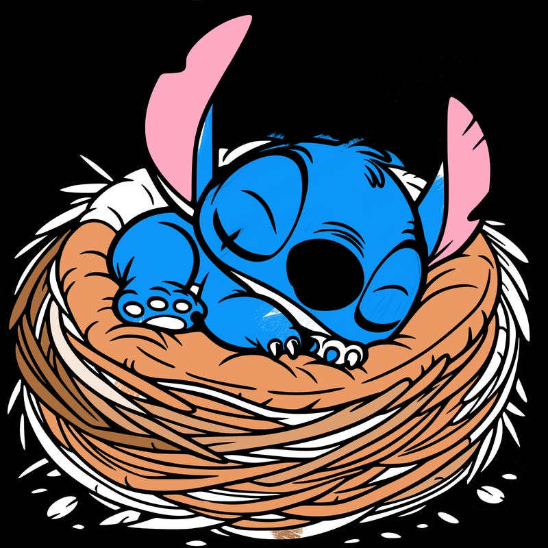 stitch sleeping in a nest