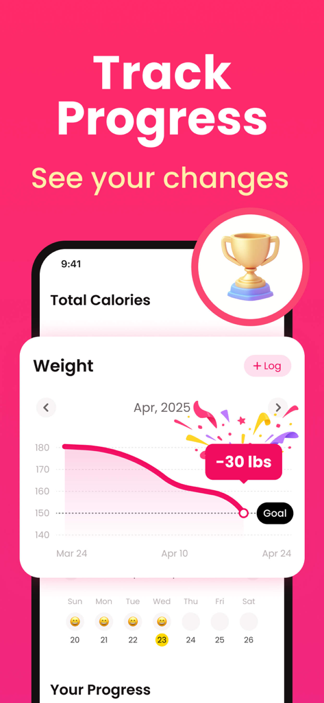 EasyFit AI-Home Workout - EasyFit-App-Bildschirm, der ein Diagramm zum Fortschritt der Gewichtsabnahme und zur Erreichung von Zielen anzeigt